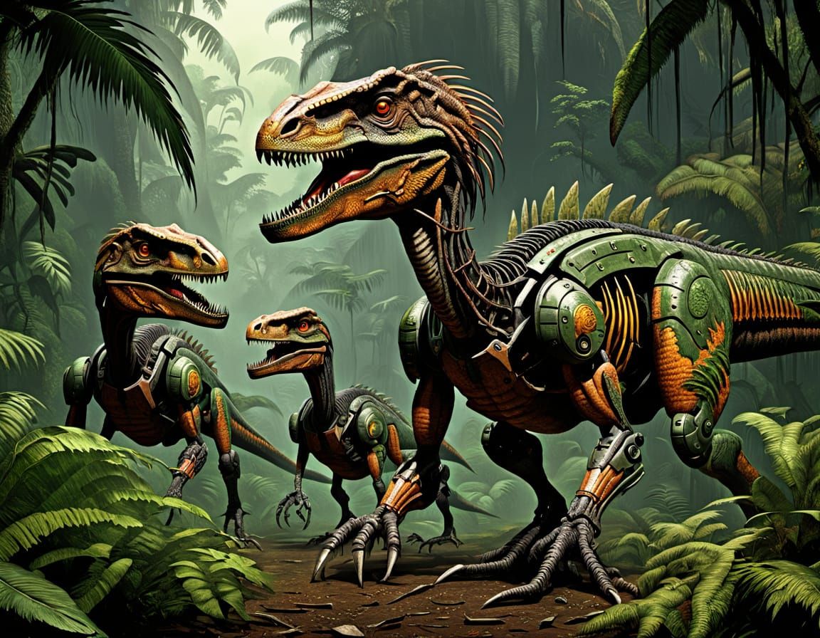 Cyborg Dinosaurs Clash in Dark Prehistoric Jungle