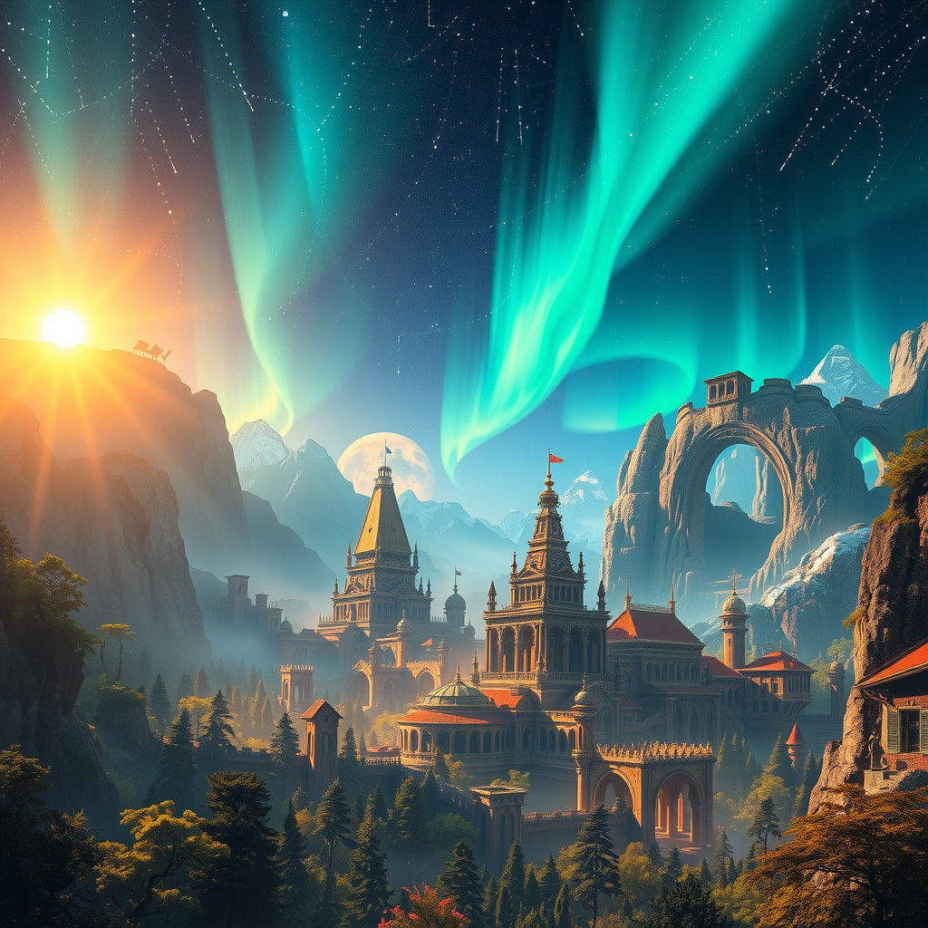 Enchanted Cityscape Under Aurora Borealis in Matte Painting ...
