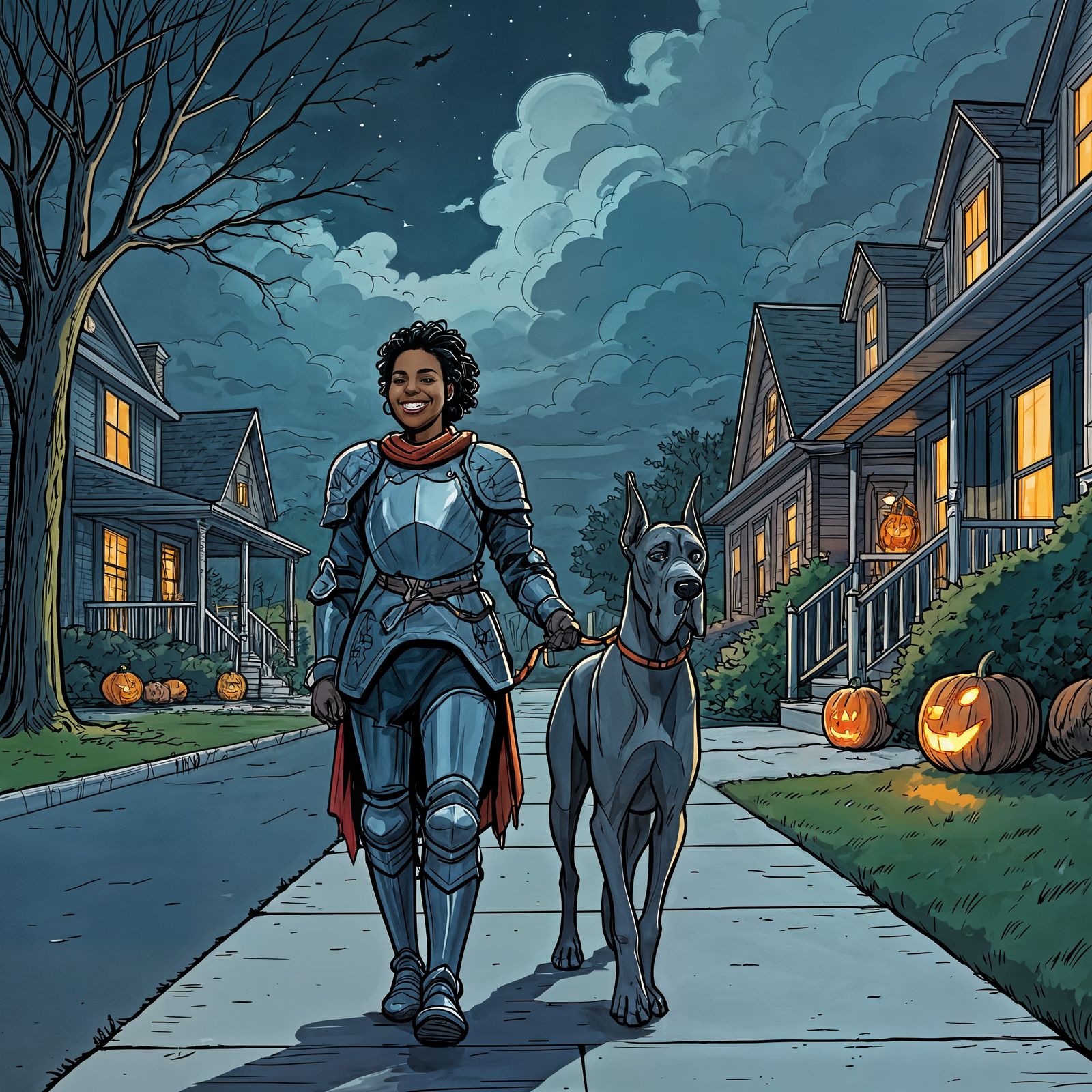 Halloween Knight Walks Great Dane in Sketch Style
