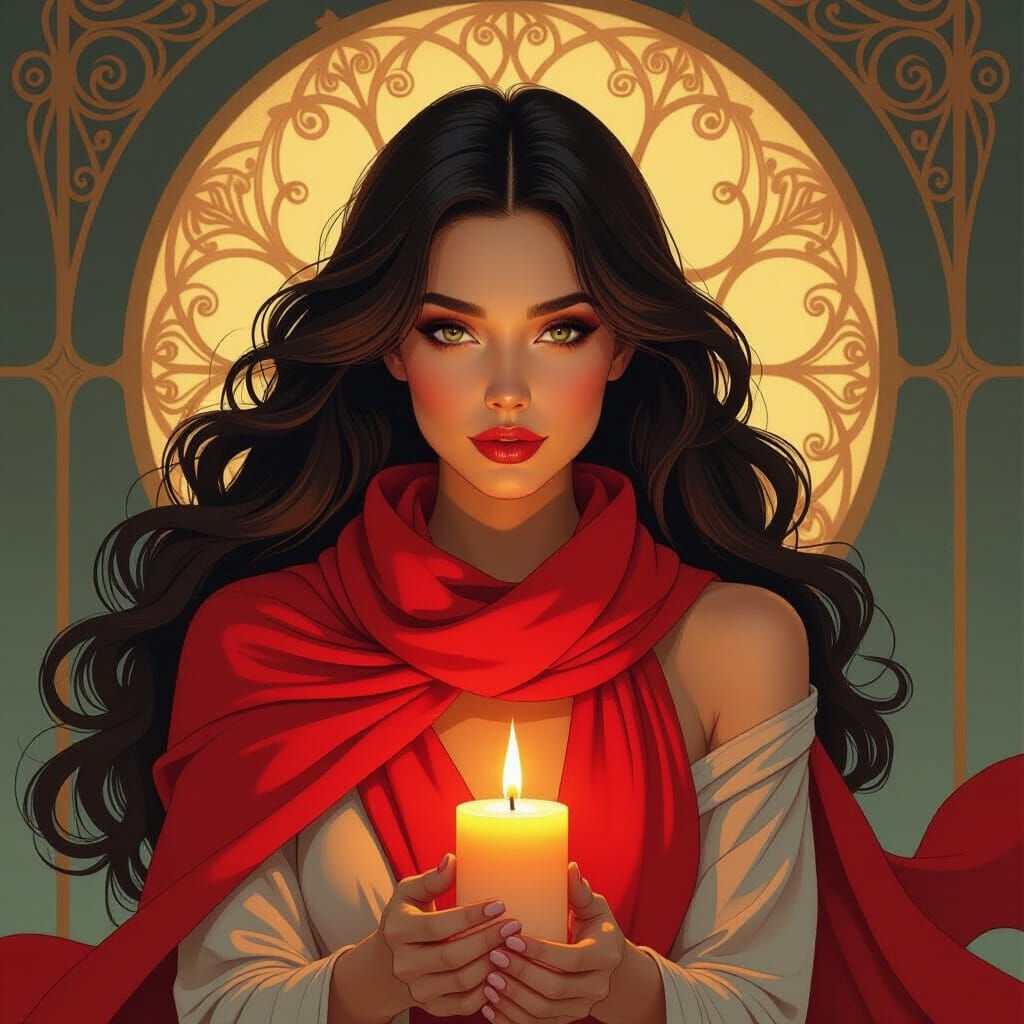 Mysterious Woman in Candlelight with Red Scarf