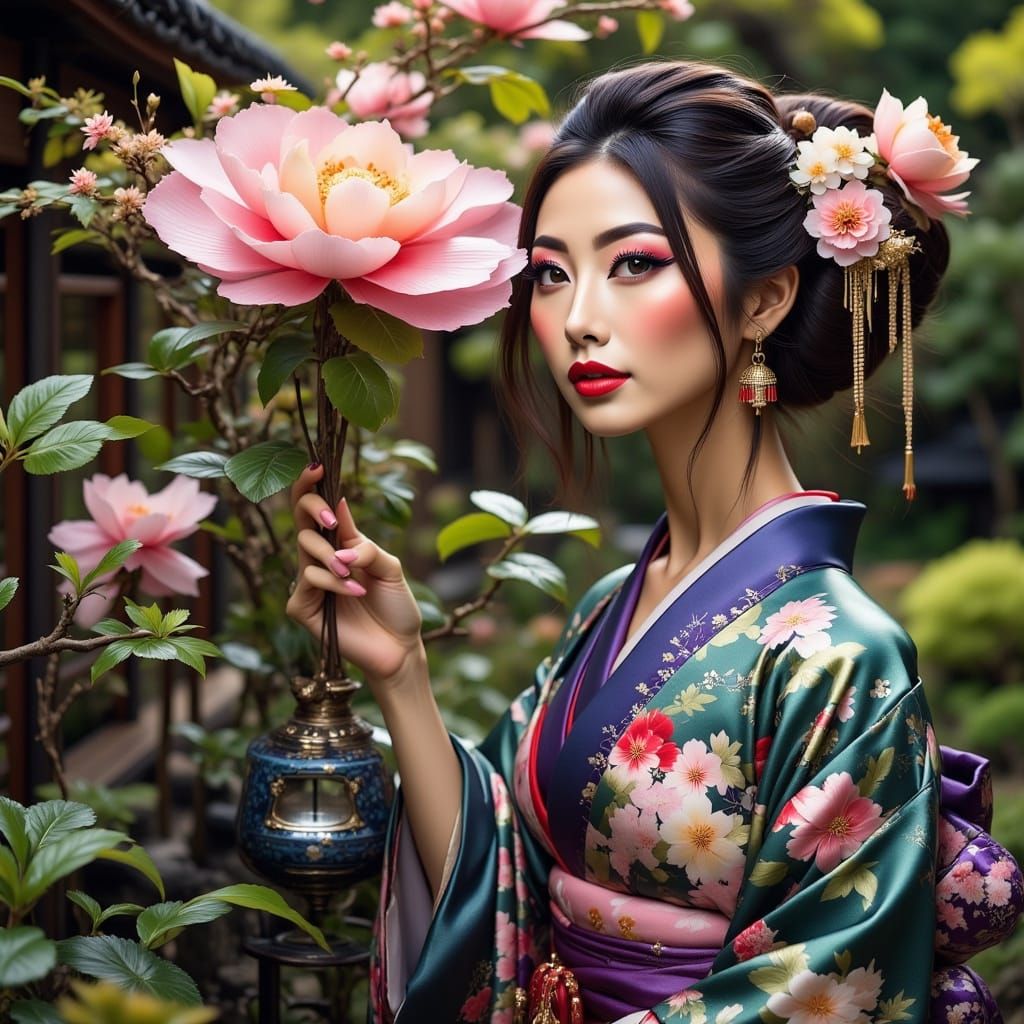 Geisha in Kimono with Cosmic Blossom