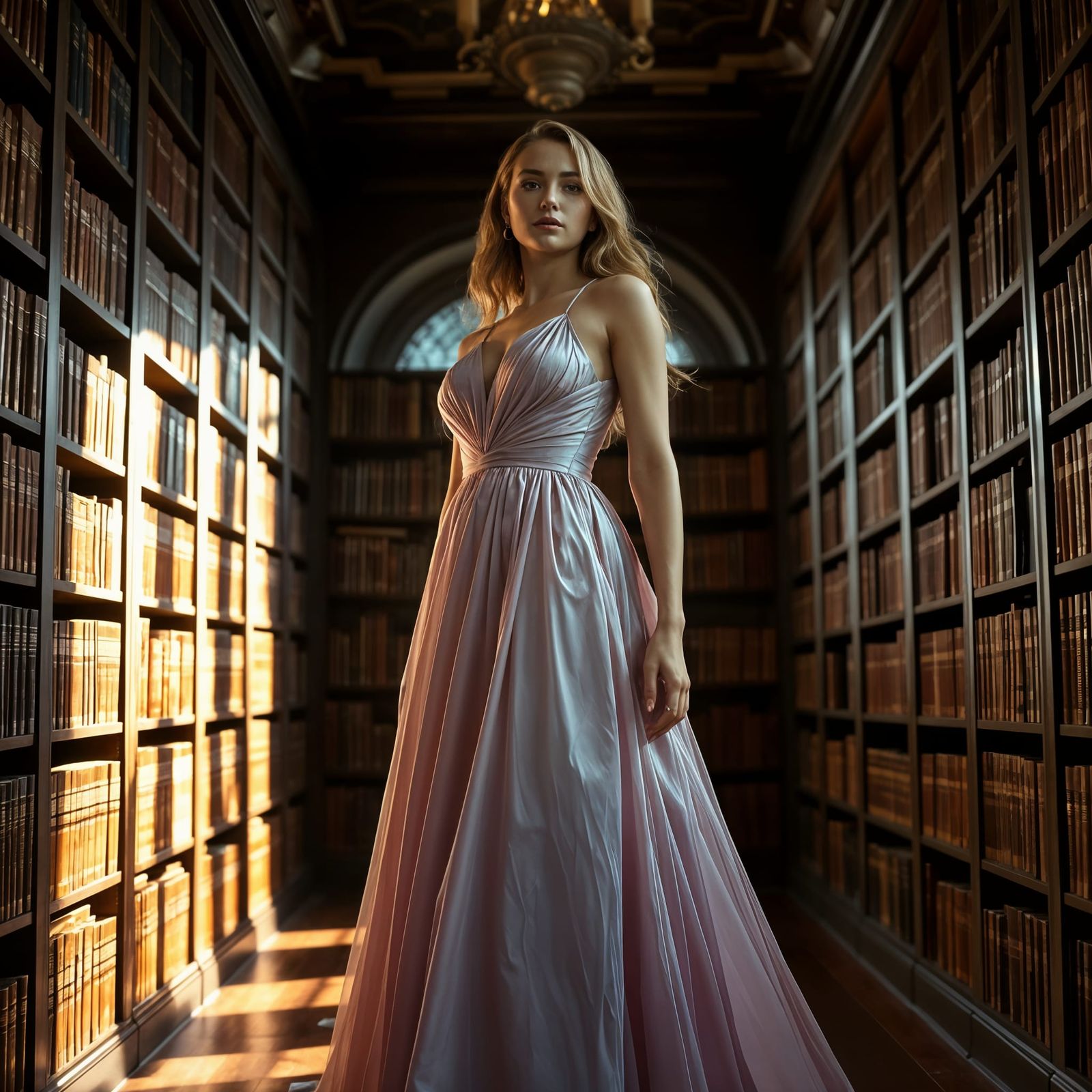 Ethereal Beauty in Grand Library: High-Fashion Photograph