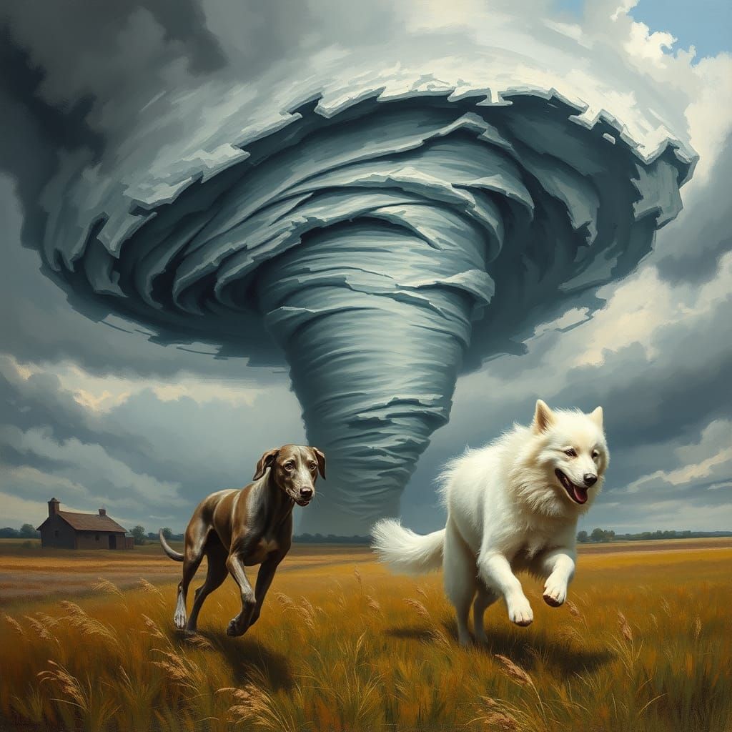 Tornado Scene with Dogs in Landscape Painting Style