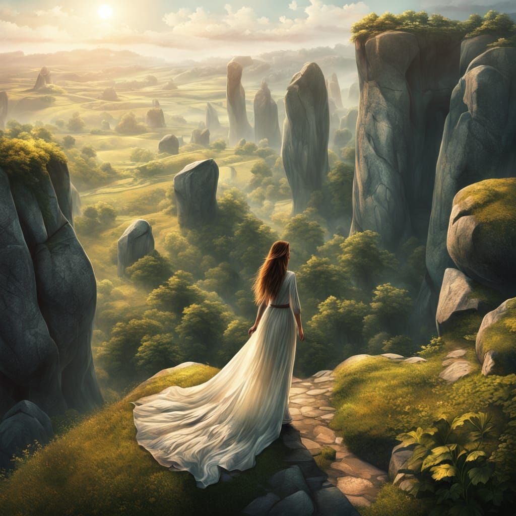 Neolithic Priestess Dances Above Lush Valley in Morning Sunl...