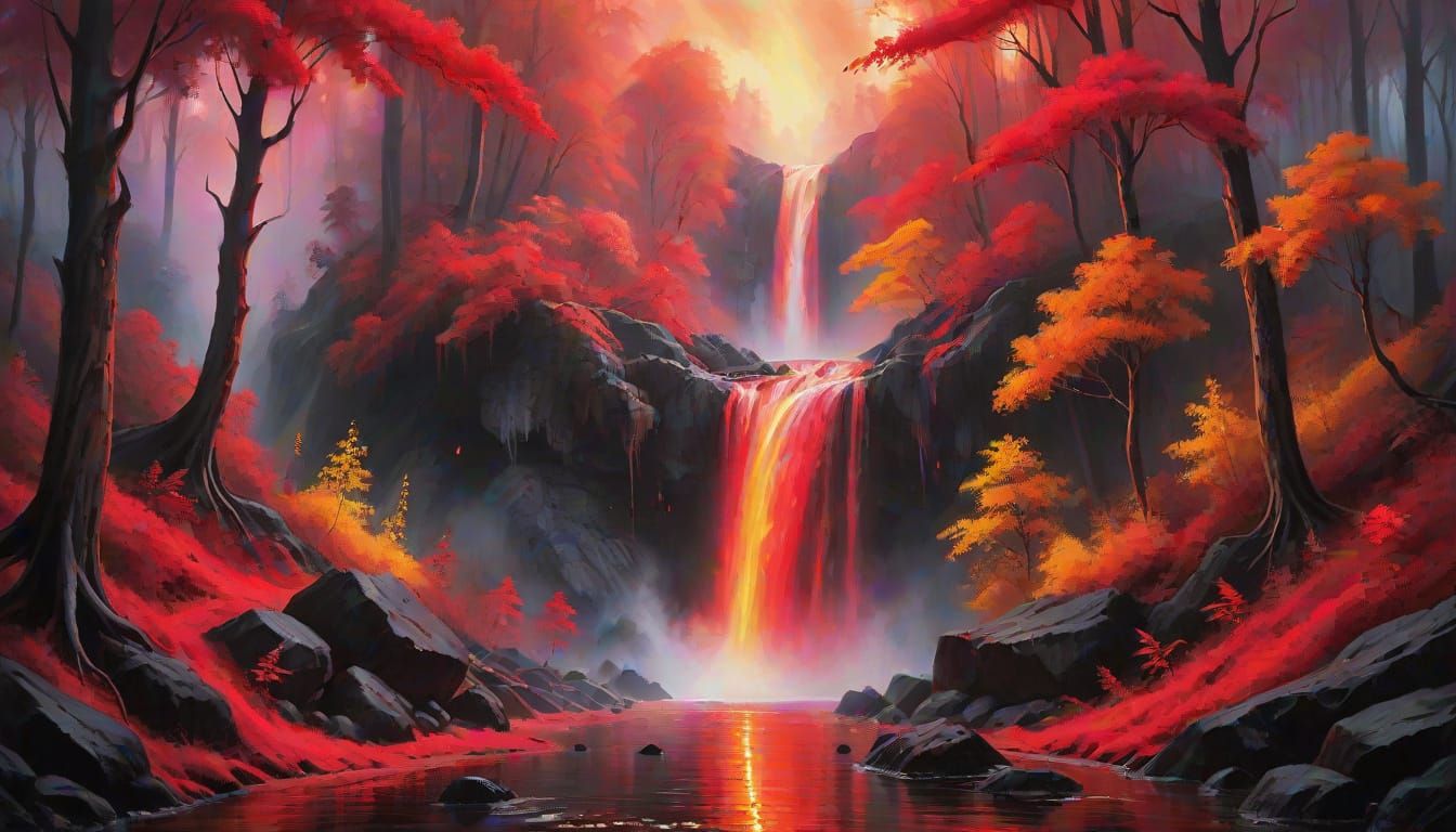 Mystical Forest Illuminated by Vibrant Red Waterfall in Oil ...