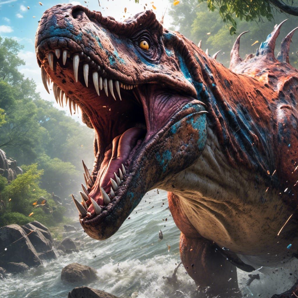Roaring T-Rex Hyperrealistic Splash Art Portrait