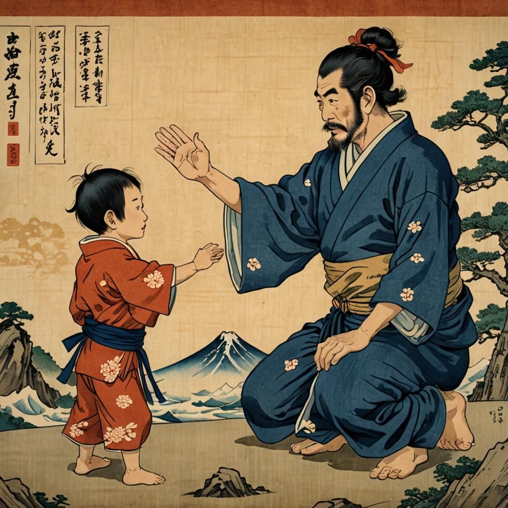 Father and Son High-Five, Ukiyo-e Style