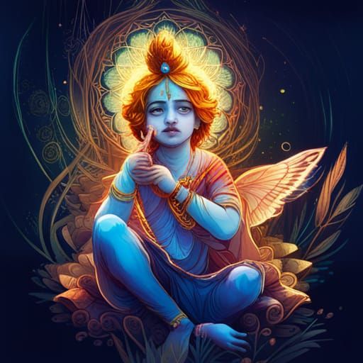Luminous Lord Krishna Digital Painting with Golden Outlines