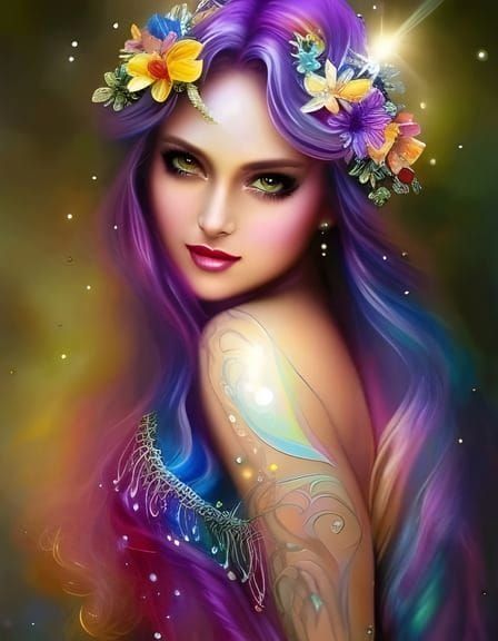 Rainbow Fairy Portrait in Watercolor Splash Art