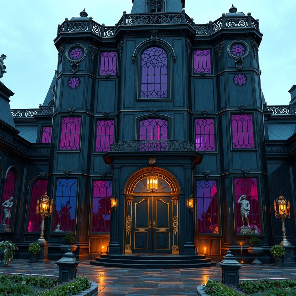 Luxurious Black Onyx Manor with Silver Statues