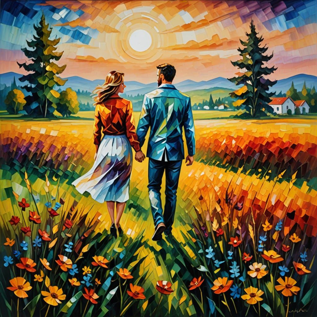 Golden Hour Couple Stroll in Vibrant Impasto