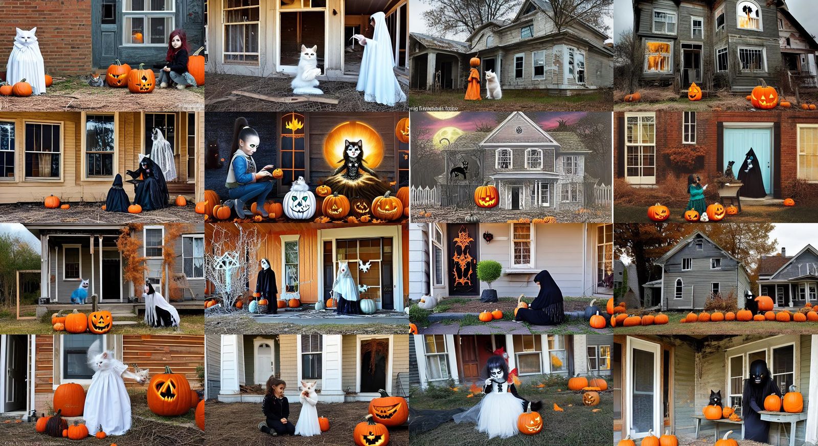 Ghostly Girl and Kitty Carving Pumpkins, Halloween Scene