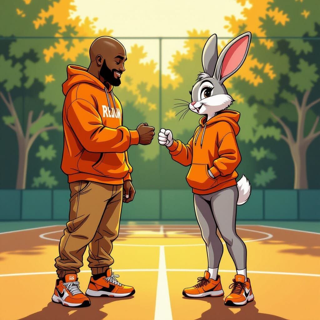 Man Fist Bumps Lola Bunny on Basketball Court