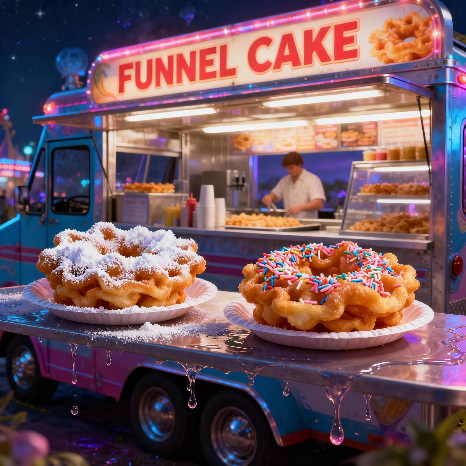 Off to the Funnel Cake trailer. Two small funnel cakes, powder sugar on one, sprinkles on the other please.