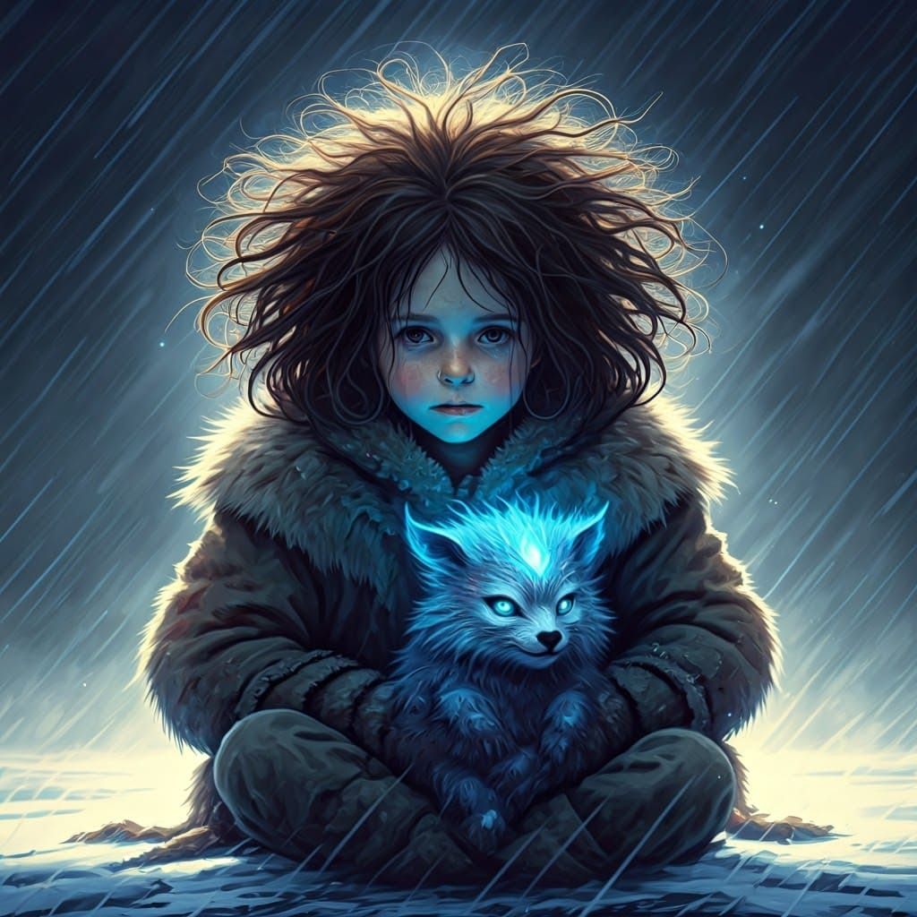 Child and Magical Animal in Storm, Matte Painting