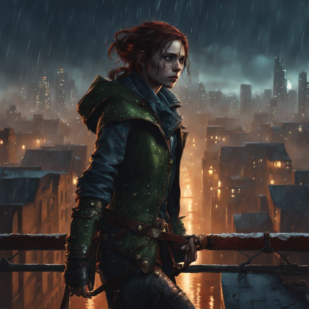 Fantastical Halfling Rogue on a Rainy City Rooftop