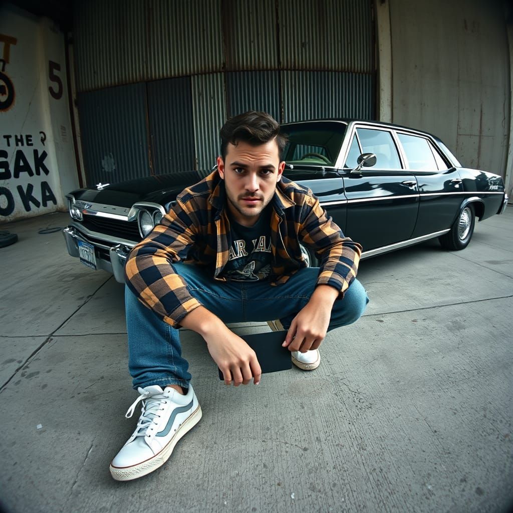 Gritty 90s Streetwear Portrait with Classic Sedan