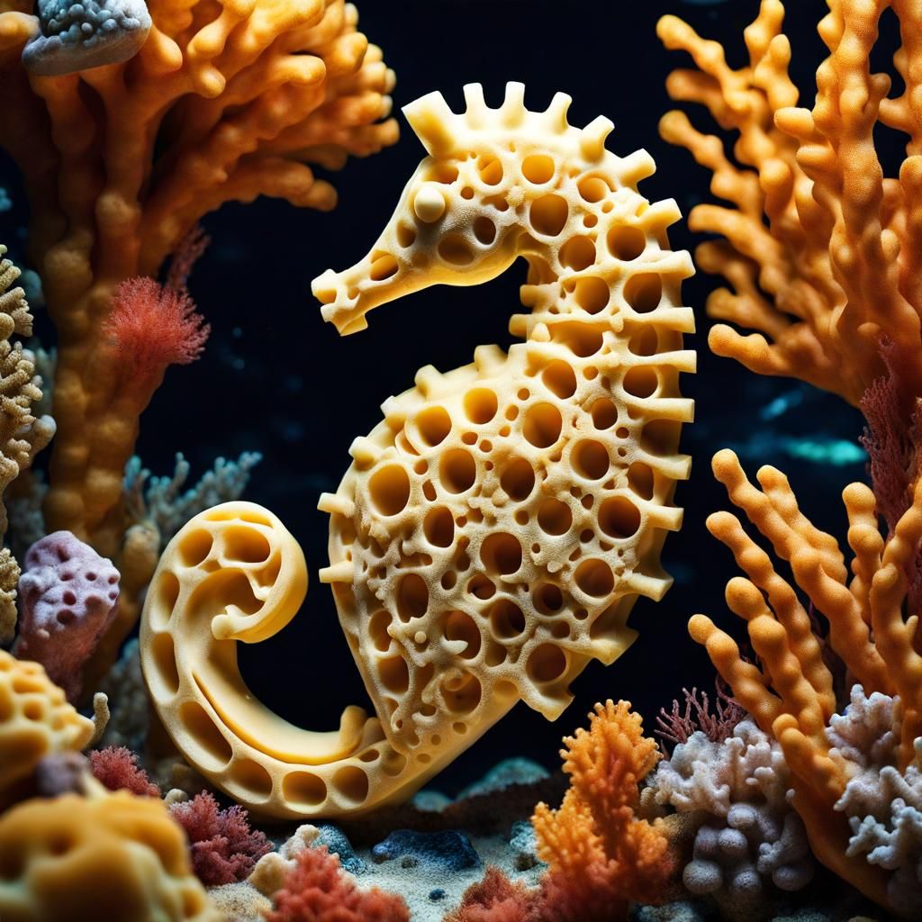 Hyperrealistic Cheese Seahorse in a Cheese Coral Reef