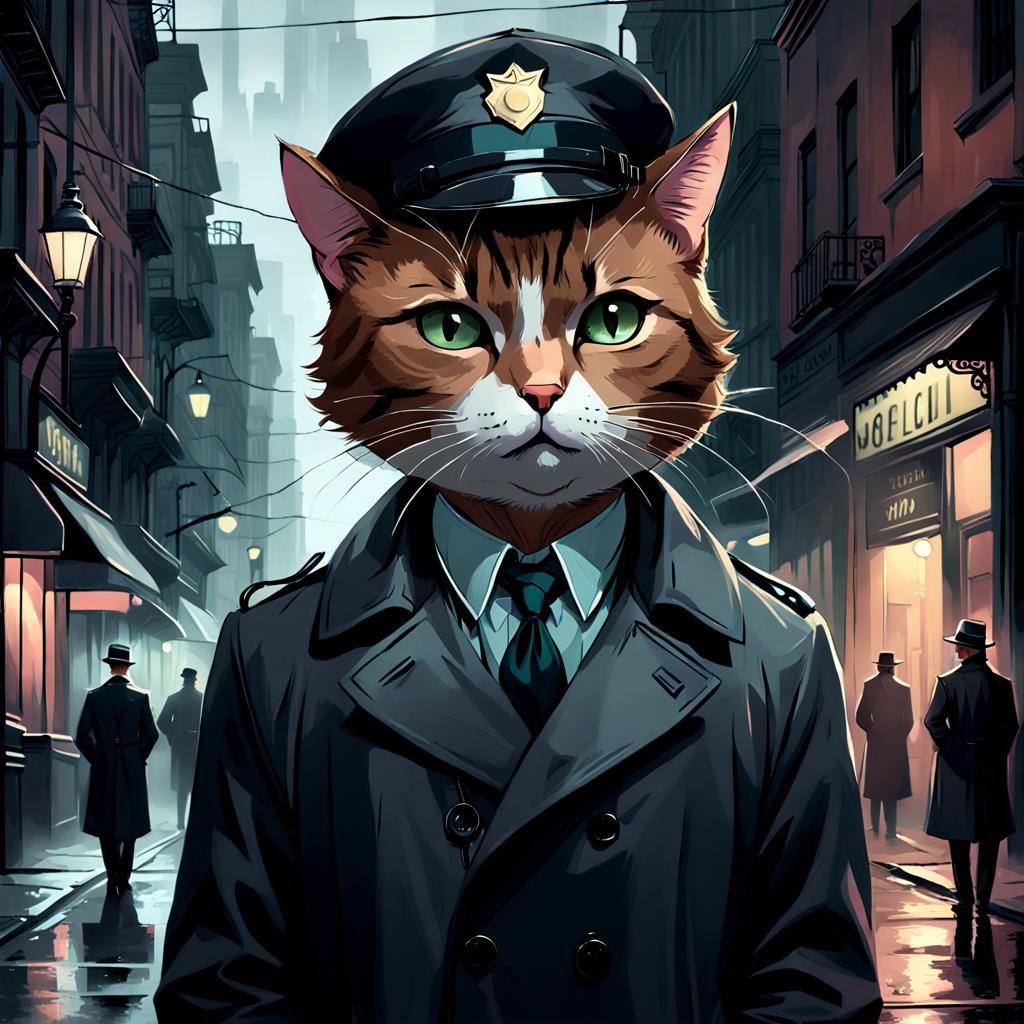 Gloomy Cat Detective in Noir City Street