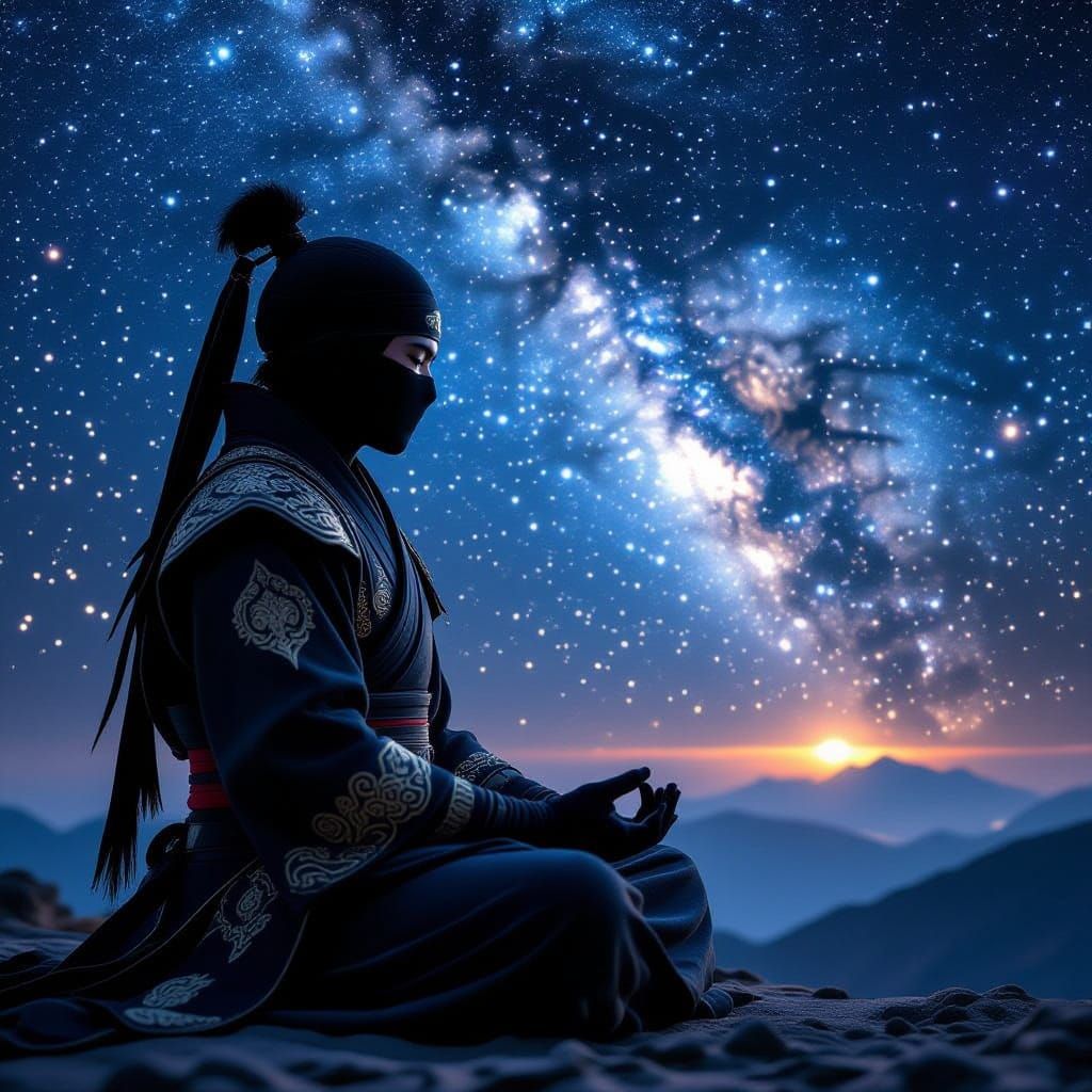Ninja Meditating Under Starry Cosmic Sky