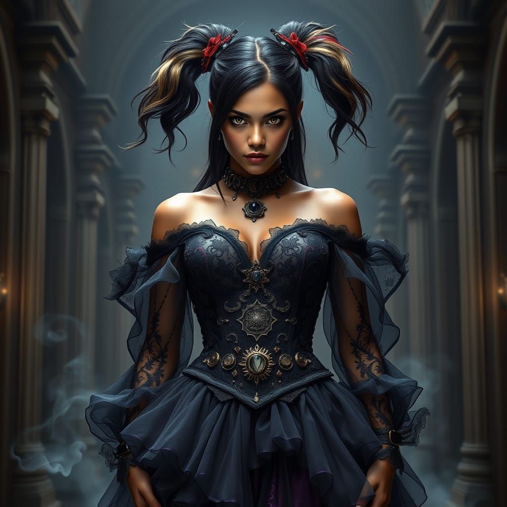 Ethereal Gothic Woman in Ornate Chamber