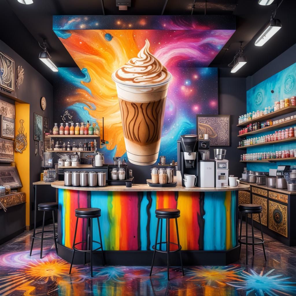 full view of a coffee and frappe shop, cosmic background, ba...