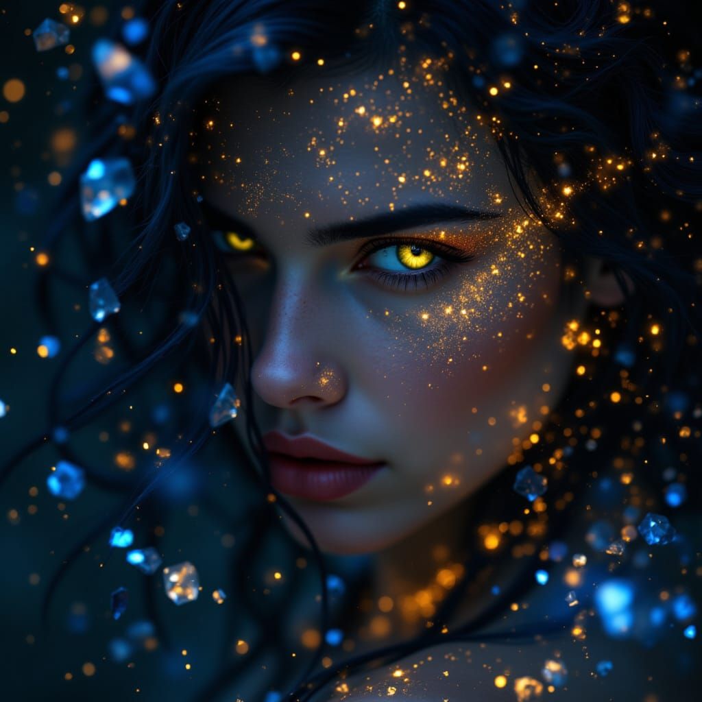 Mystic Woman Portrait with Glowing Runes and Luminous Jewelr...