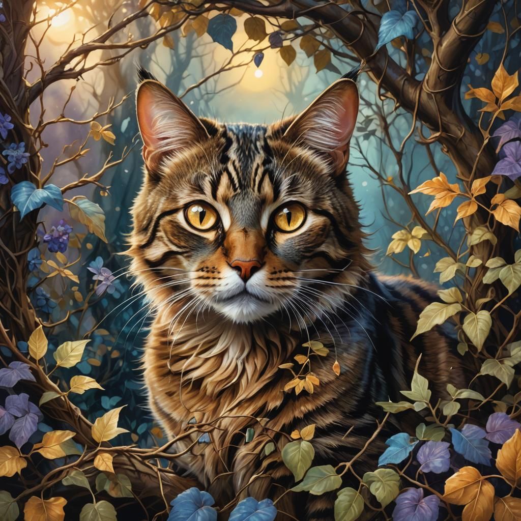 Tabby Cat in Bramble Bush: Fantasy Matte Painting
