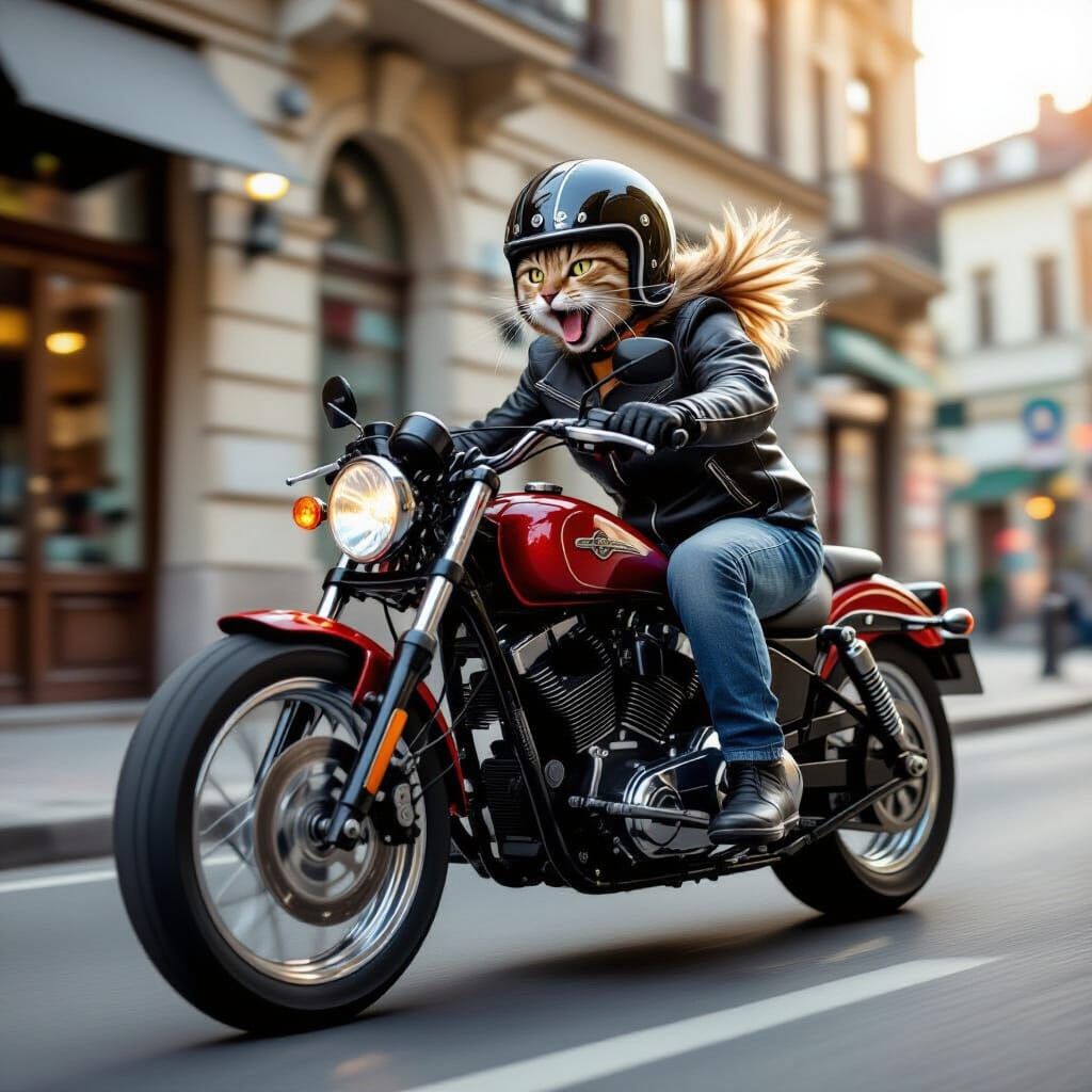 Anthropomorphic Cat Biker Zooming Through City in Photo Styl...