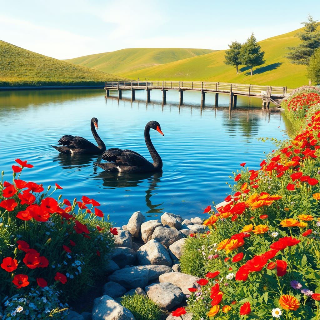 Majestic Black Swans in Vibrant Wet Watercolor