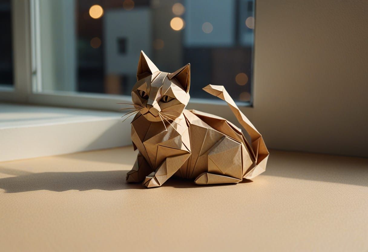 Origami Cat on Windowsill in Soft Light