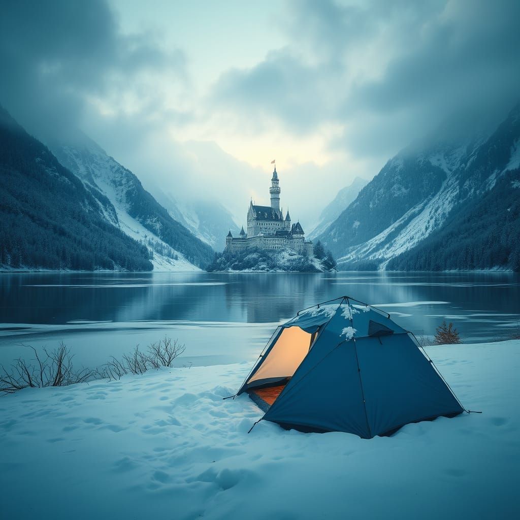 Snowy Swiss Lake Castle in Epic Digital Painting