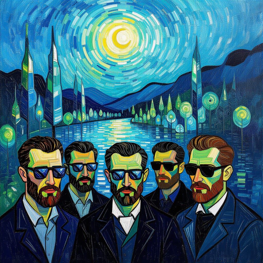 Men in Sunglasses in Van Gogh Style Impasto Forest
