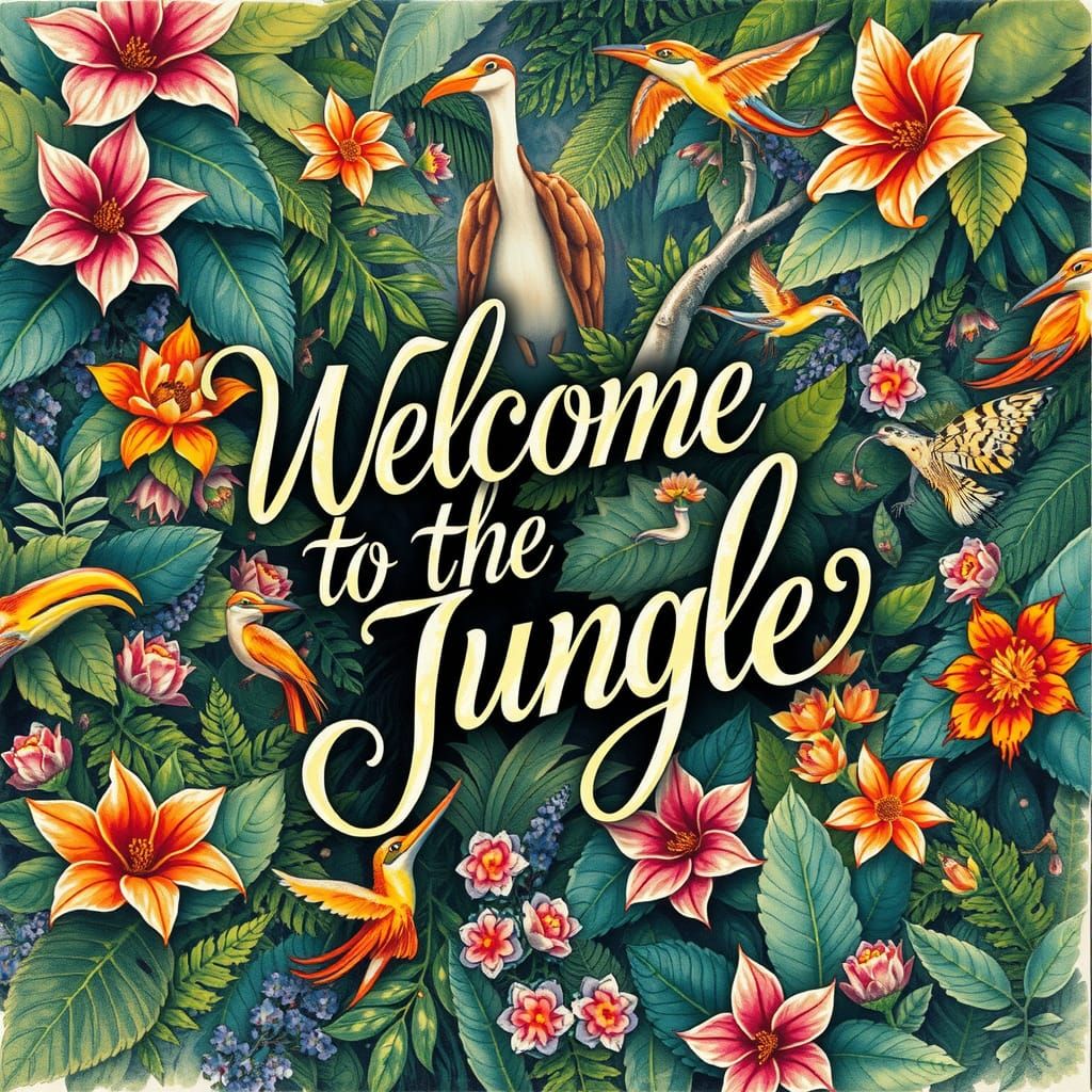 Jungle Scene with Calligraphic Text in Watercolour Style