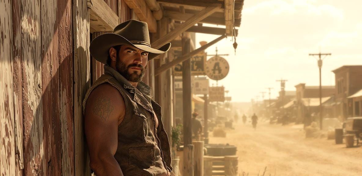 Cowboy Leans in Western Town: Photorealistic Rendering