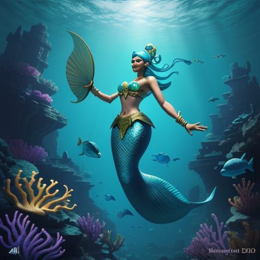 Mermaid's Underwater Egyptian Adventure: 3D Digital Art