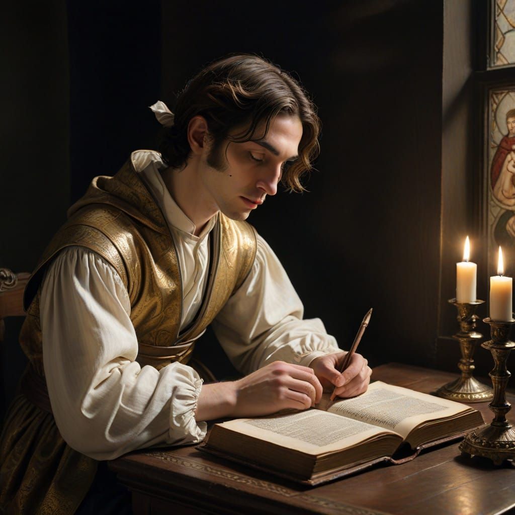 Devout Scholar Studies Sacred Scriptures in a Peaceful Libra...