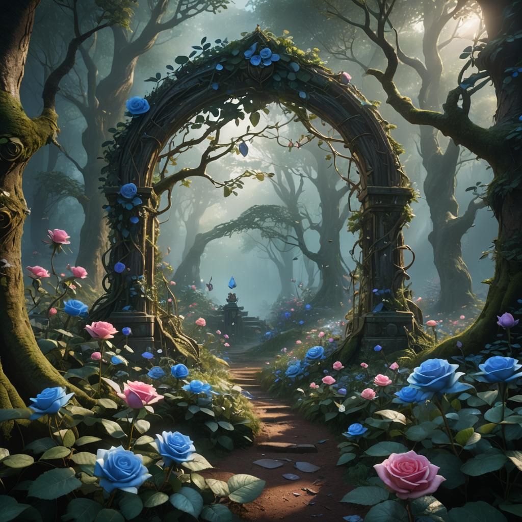Mystical Blue Rose in Ethereal Forest: Fantasy Art