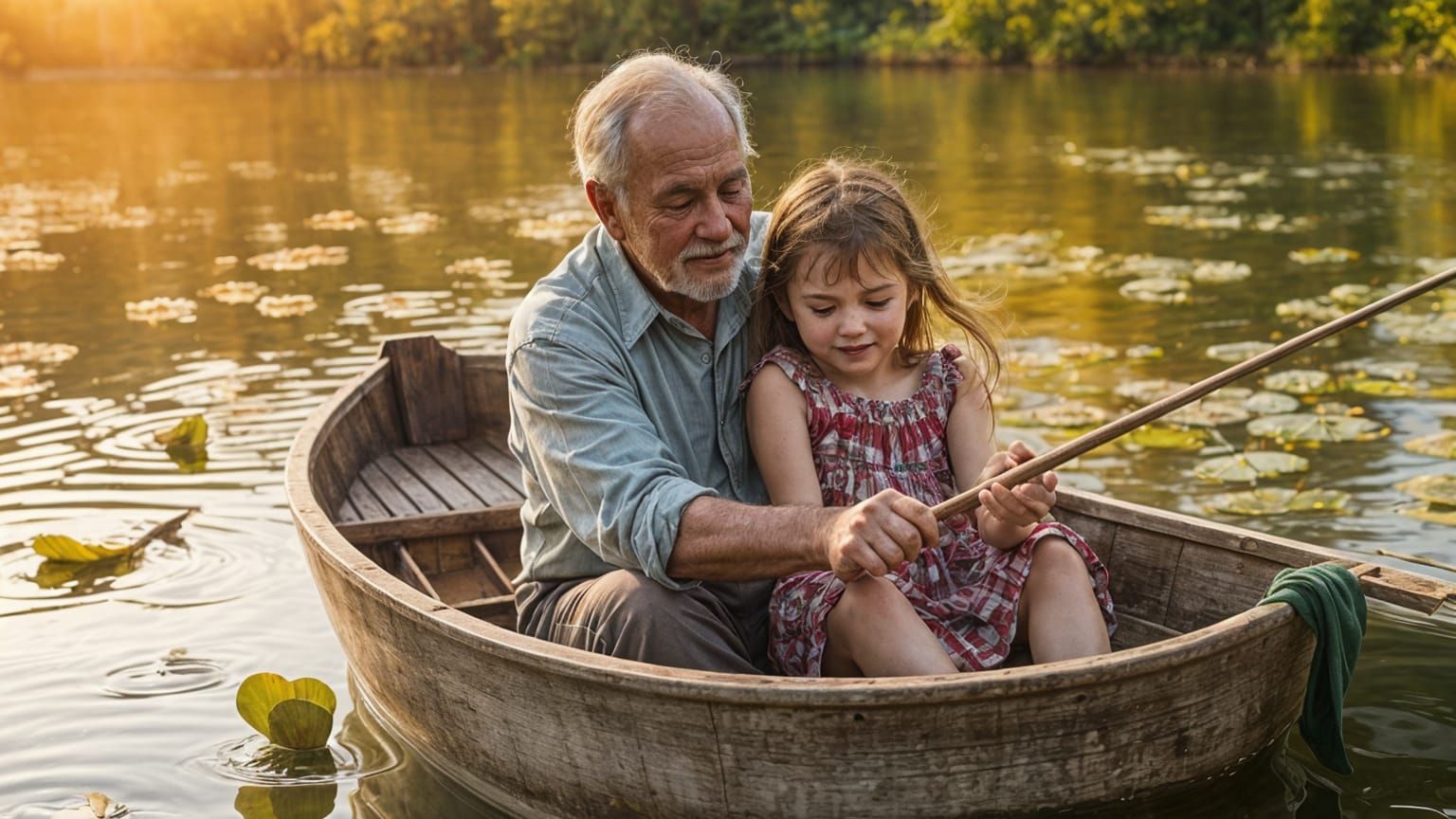 Grandfather Teaches Granddaughter Fishing by Lakeside