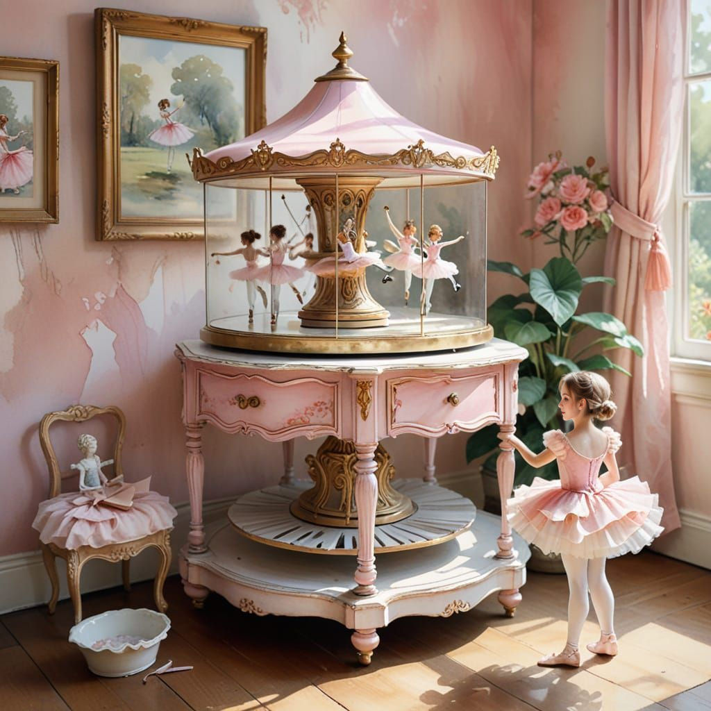 Whimsical Watercolor Ballet Music Box Scene