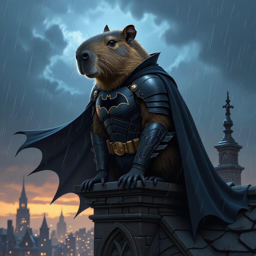 Capybara Knight on Gothic Rooftop in Stormy Night