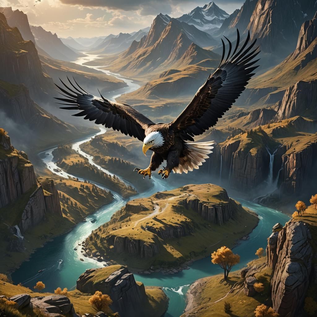 Eagle Flying Over Valley: Detailed Matte Painting