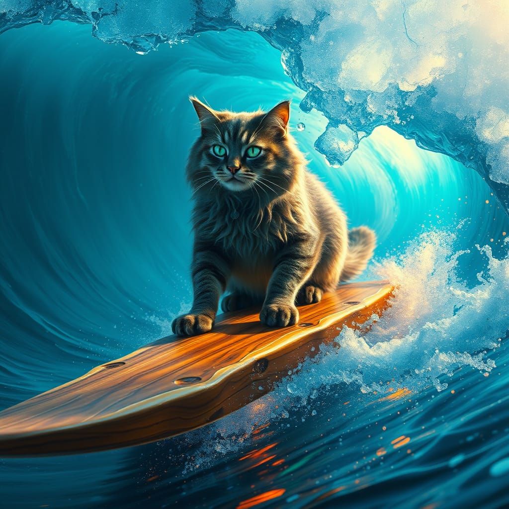 Majestic Cat Rides Turquoise Surfboard on Crystal Wave