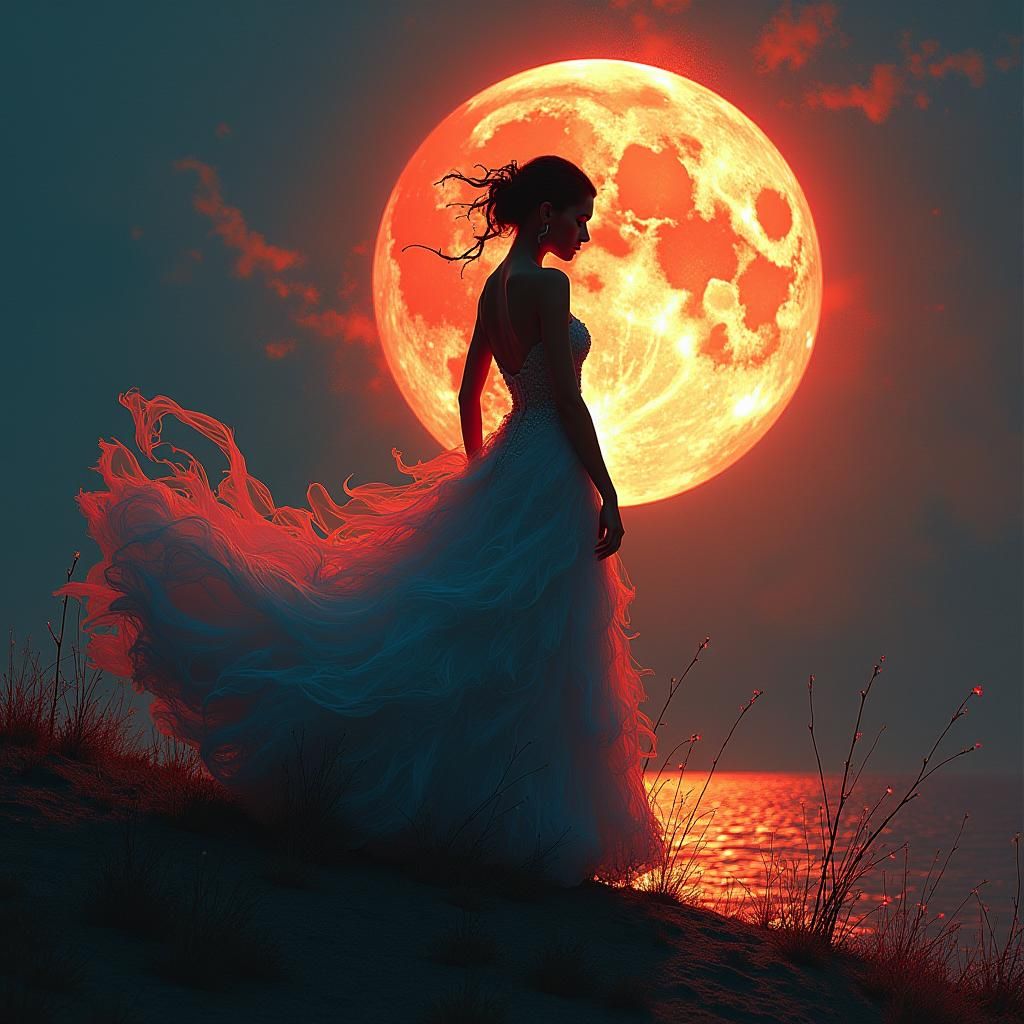 Latina Silhouette in Wedding Dress with Full Moon