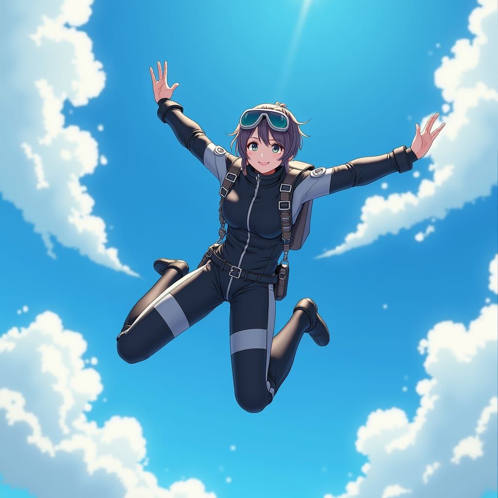 Skydiver Soaring Through Blue Sky: 3D Anime Art