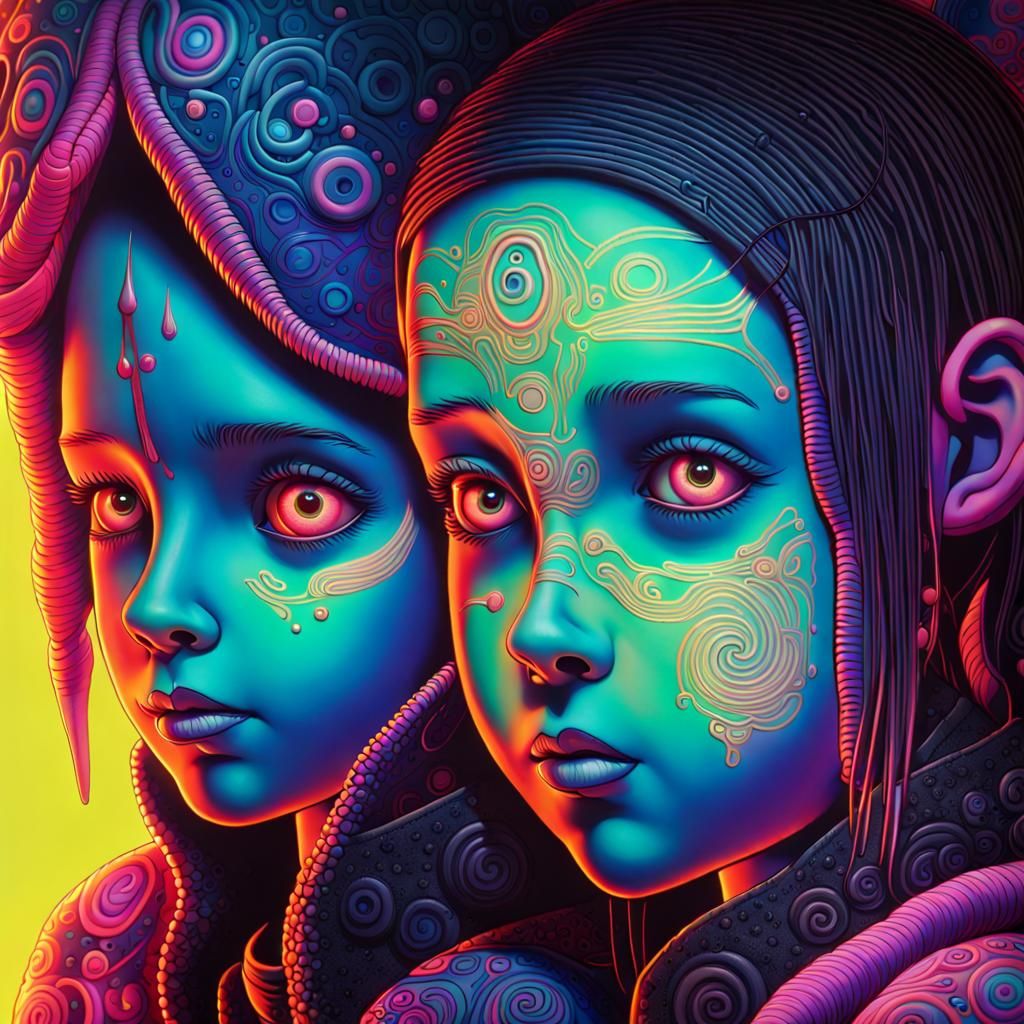 Mother and Boy in Black Light Fractal Art