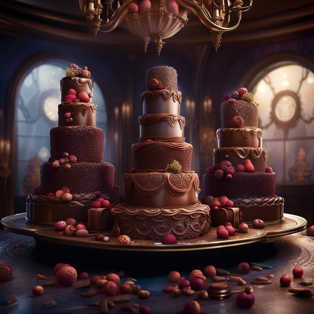 Ornate Chocolate Wedding Cakes in Hyperrealistic Shop