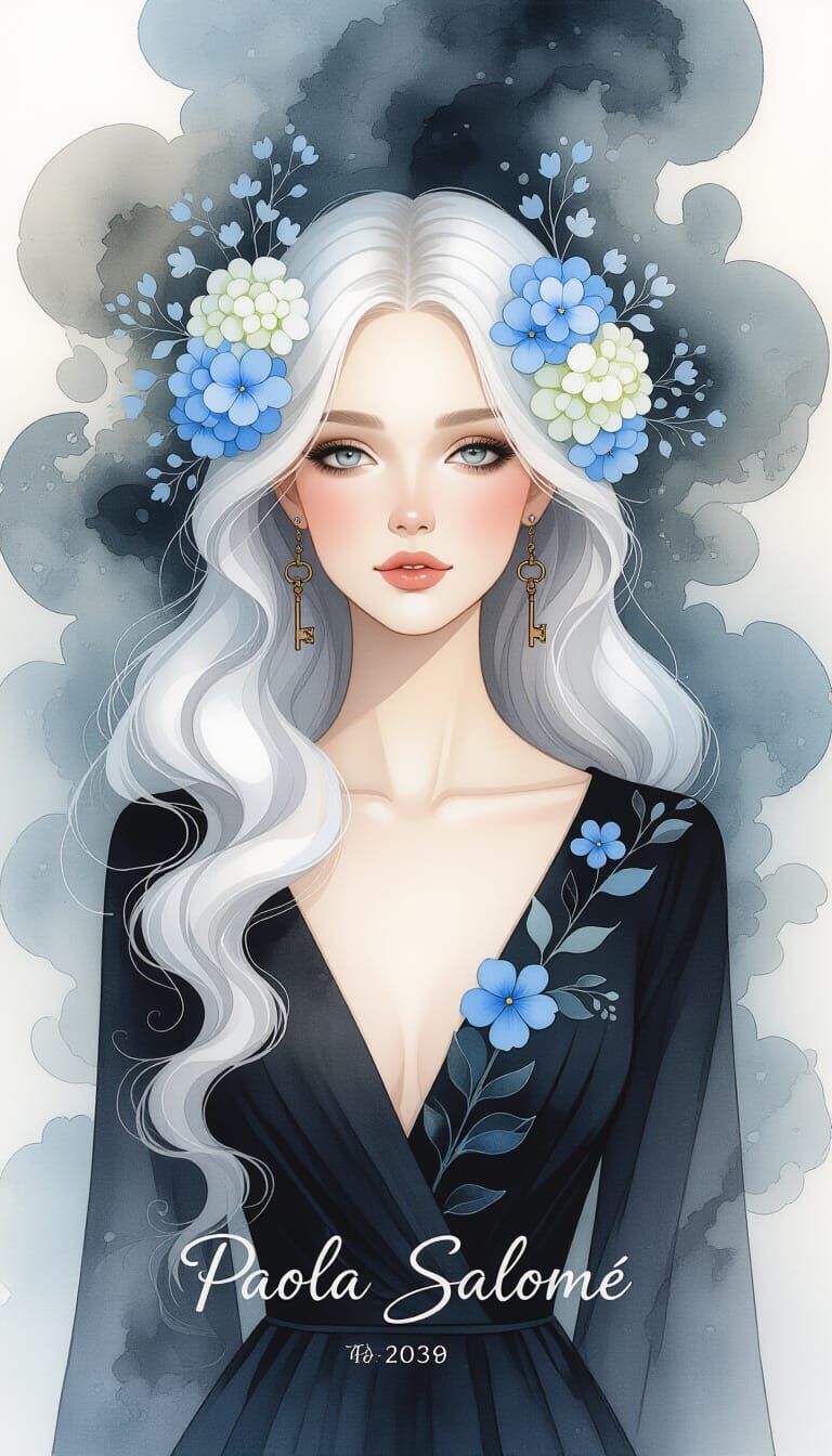 Ethereal Woman with Hydrangeas and Flax Blossoms