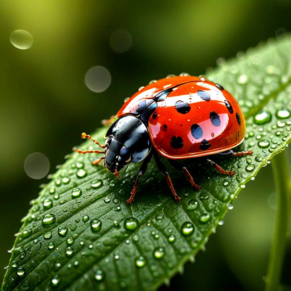Ladybug on Wet Leaf in Realistic Detail