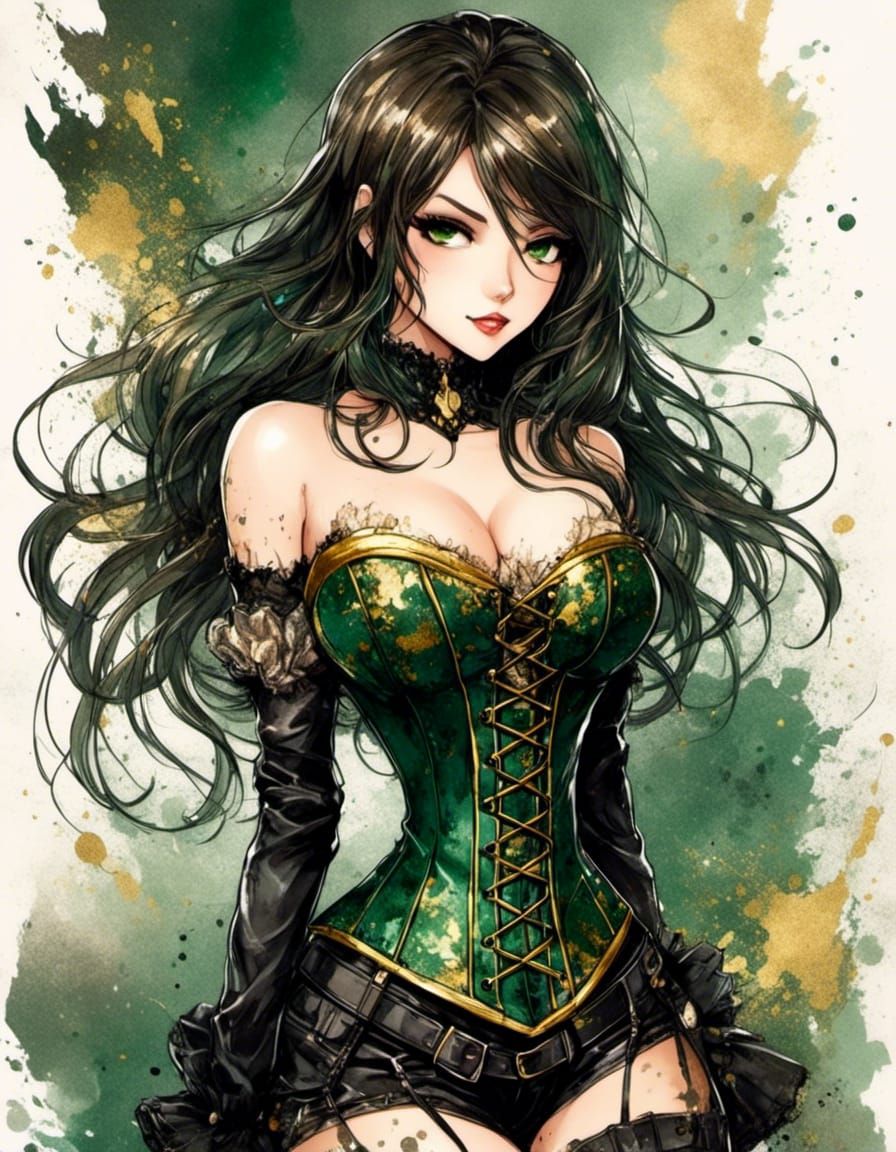 Anime Brunette in Brocade Corset: Ink Splatter Art